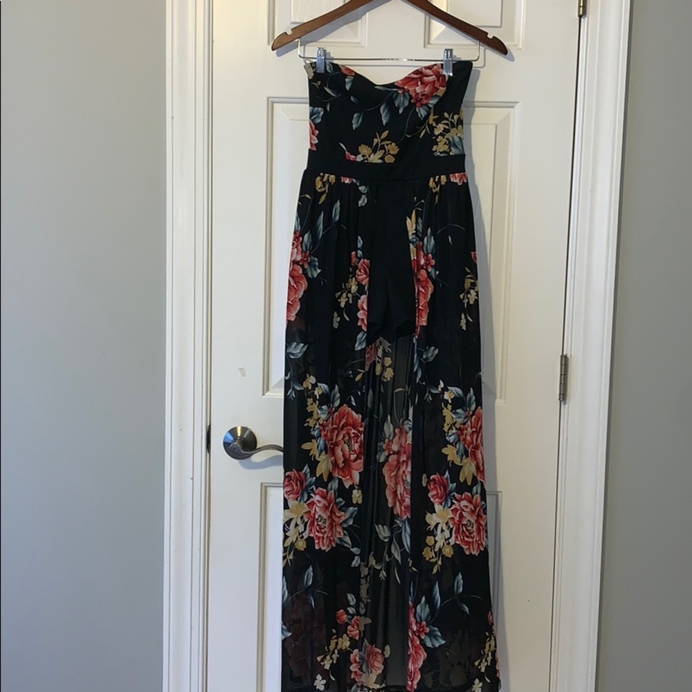 Strapless, floral, romper, with sheer train.